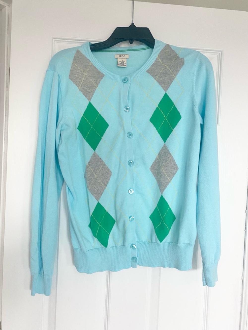 Izod Light Blue Argyle Cardigan with Green and Gray Diamonds